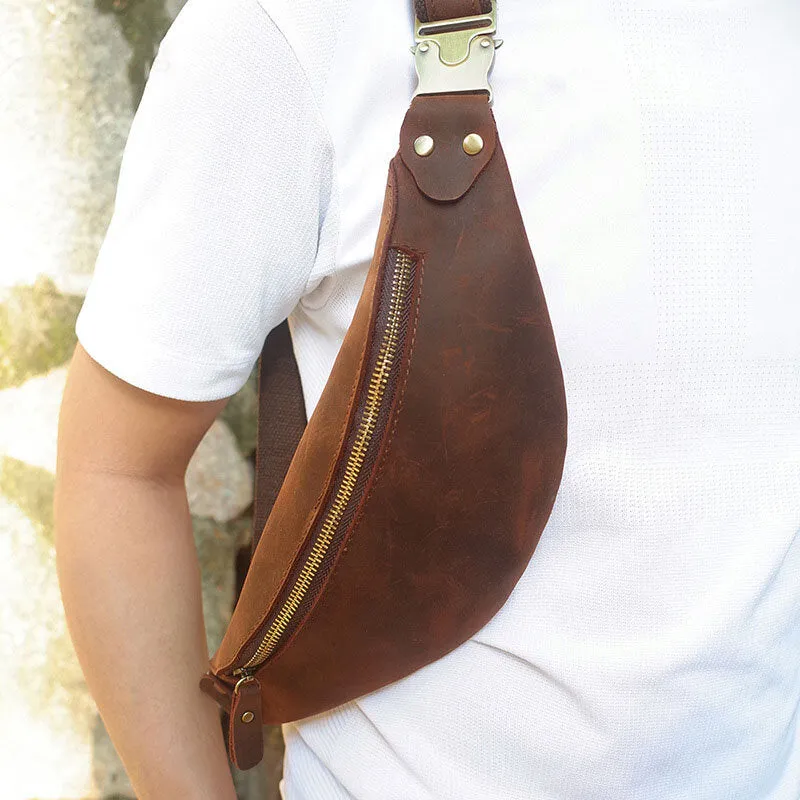 Men Retro Genuine Leather Zipper Chest Bag Outdoor Sport Phone Bag Waist Bag Shoulder Bag Crossbody Bags