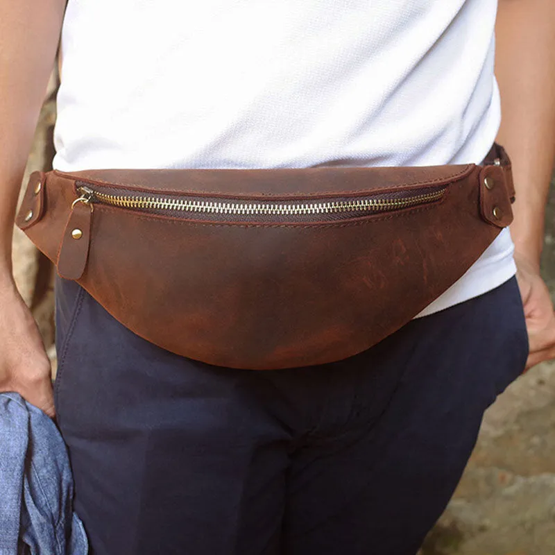 Men Retro Genuine Leather Zipper Chest Bag Outdoor Sport Phone Bag Waist Bag Shoulder Bag Crossbody Bags