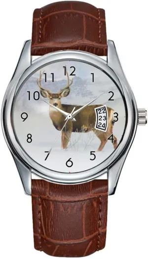 Men Watch Casual Waterproof Quartz Watches Clock Date Classic Business Brown Leather Christmas Wristwatch Deer Animal Buck Winter Landscape Snow Snowy Wristwatches