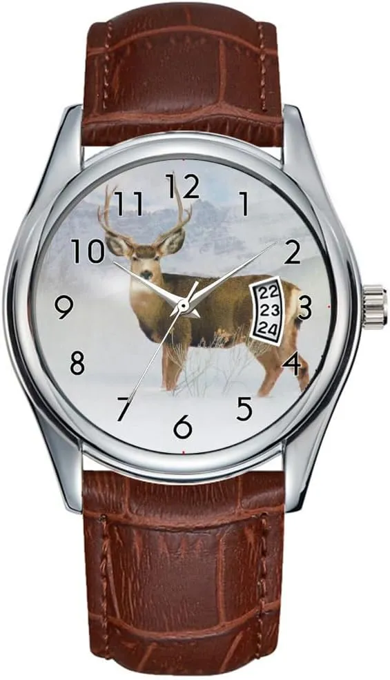 Men Watch Casual Waterproof Quartz Watches Clock Date Classic Business Brown Leather Christmas Wristwatch Deer Animal Buck Winter Landscape Snow Snowy Wristwatches