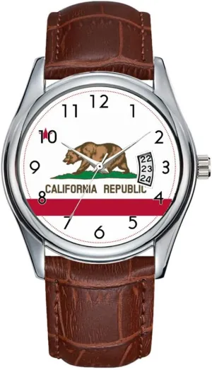 Men Watch Casual Waterproof Quartz Watches Clock Date Classic Business Brown Leather Christmas Wristwatch Flag of California Republic Wristwatches