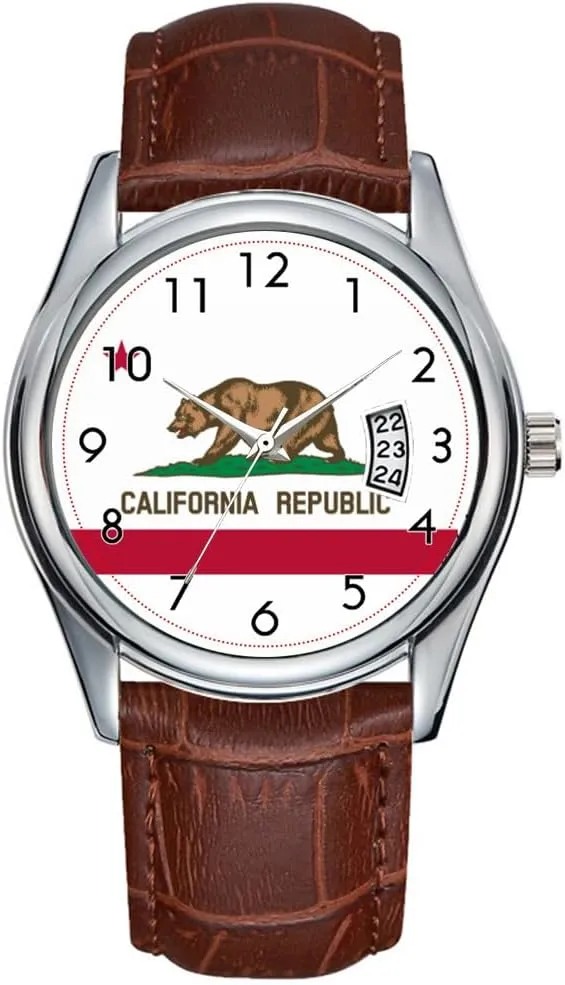 Men Watch Casual Waterproof Quartz Watches Clock Date Classic Business Brown Leather Christmas Wristwatch Flag of California Republic Wristwatches