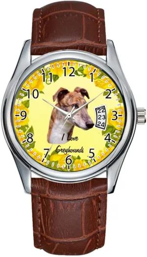 Men Watch Casual Waterproof Quartz Watches Clock Date Classic Business Brown Leather Christmas Wristwatch Greyhound and Yellow Roses Watch