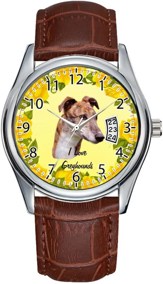 Men Watch Casual Waterproof Quartz Watches Clock Date Classic Business Brown Leather Christmas Wristwatch Greyhound and Yellow Roses Watch