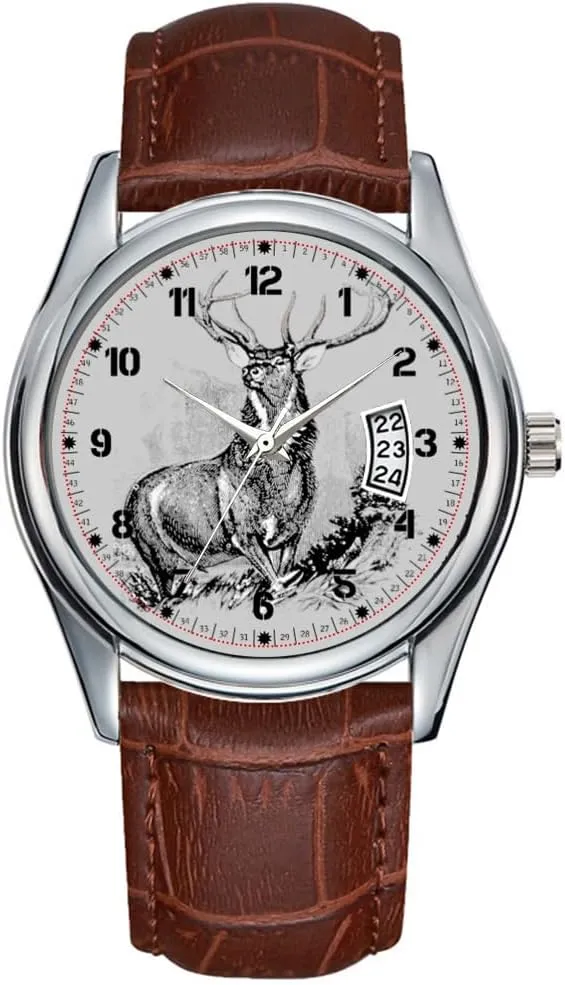 Men Watch Casual Waterproof Quartz Watches Clock Date Classic Business Brown Leather Christmas Wristwatch Majestic Whitetail Deer Illustration Wrist Watches