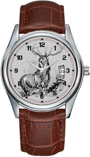 Men Watch Casual Waterproof Quartz Watches Clock Date Classic Business Brown Leather Christmas Wristwatch Majestic Whitetail Deer Illustration Wrist Watches