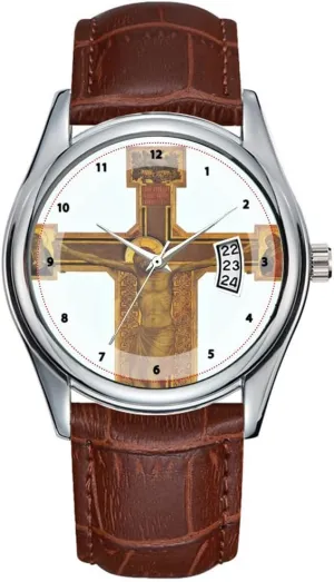 Men Watch Casual Waterproof Quartz Watches Clock Date Classic Business Brown Leather Christmas Wristwatch Proto Renaissance Religious Crucifixion - Giotto Wristwatches