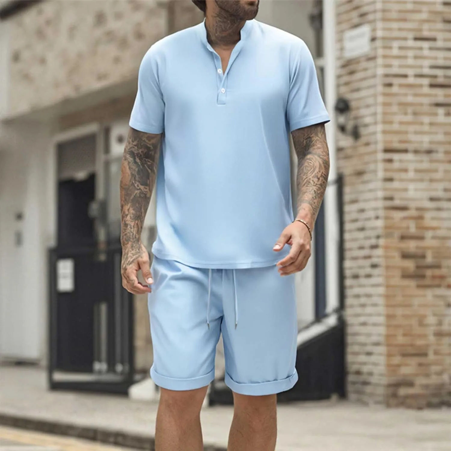 Men's 2 Piece Outfits Fashion Henley Shirts and Drawstring Shorts Tracksuit Man Summer Lightweight Gym Sportwear