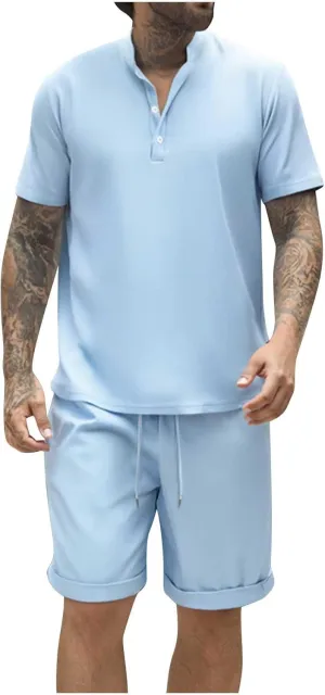 Men's 2 Piece Outfits Fashion Henley Shirts and Drawstring Shorts Tracksuit Man Summer Lightweight Gym Sportwear