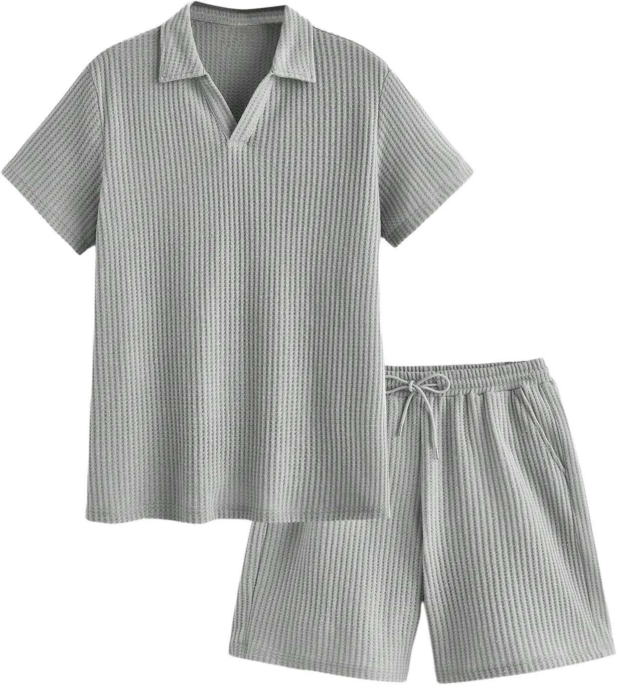Men's 2 Piece Outfits Shorts Set Collar V Neck Shirt Drawstring Shorts Lounge Sets