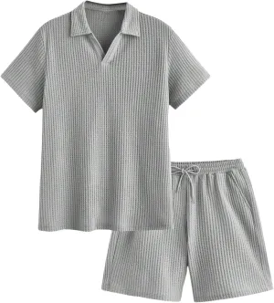 Men's 2 Piece Outfits Shorts Set Collar V Neck Shirt Drawstring Shorts Lounge Sets