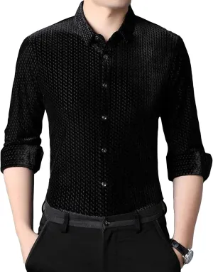 Men's Business Casual Velvet Long Sleeve Shirt Snap Buttons Vintage Shirt Suede Stretch Shirt Classic Ribbed
