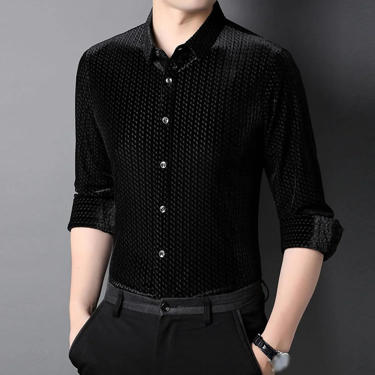 Men's Business Casual Velvet Long Sleeve Shirt Snap Buttons Vintage Shirt Suede Stretch Shirt Classic Ribbed