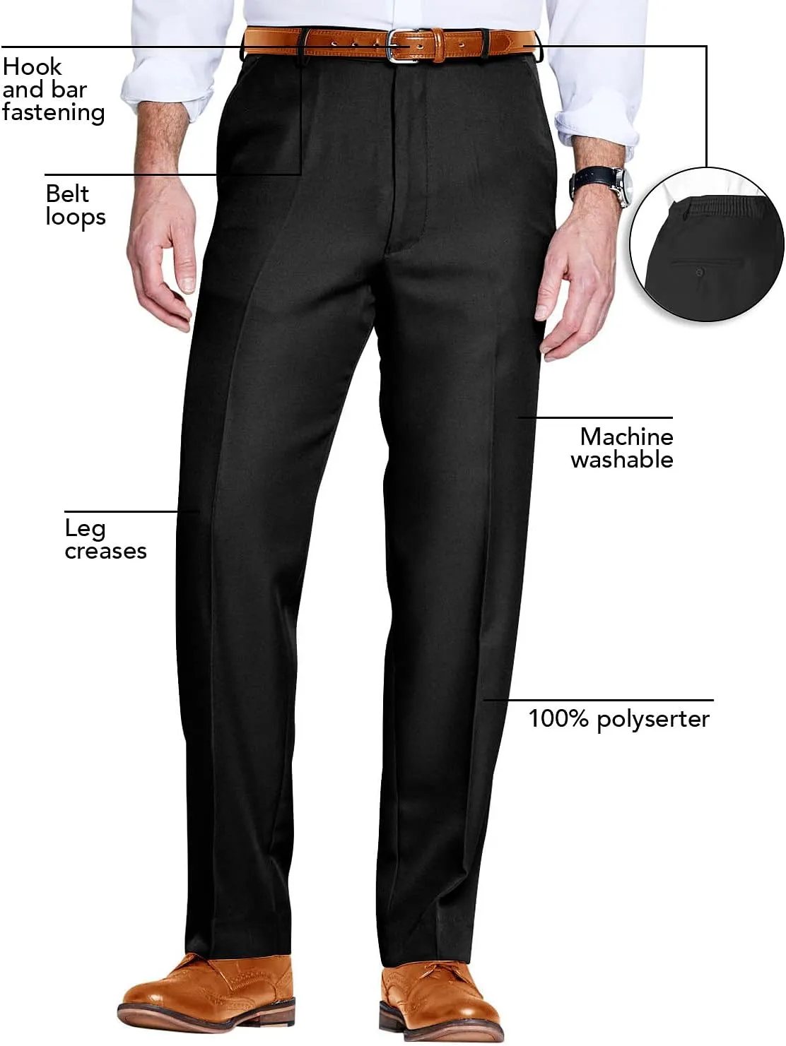 Men's Elasticated Pants with Hidden Stretch Fit Waist Smart Formal Comfortable Golf Slacks