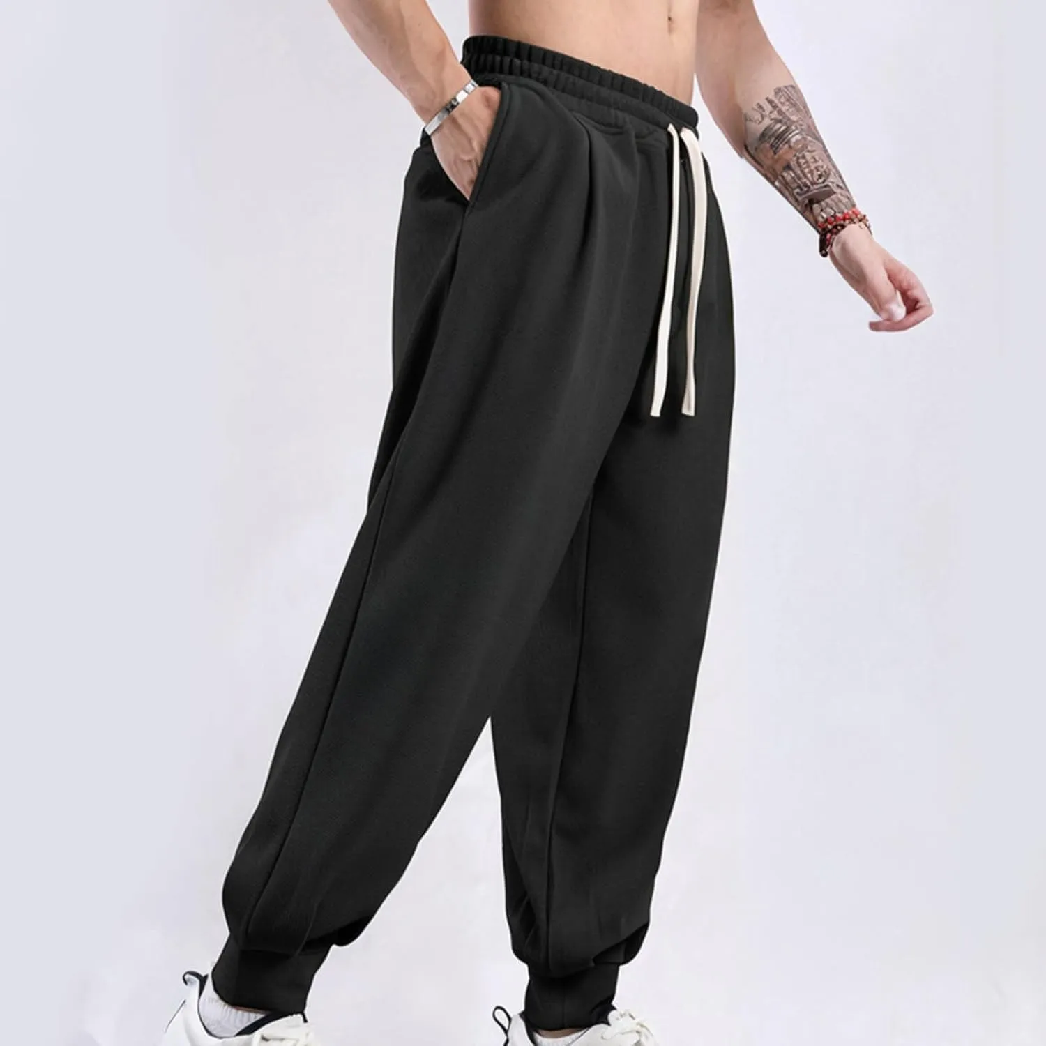 Mens Joggers Casual Loose Fit Drawstring Elastic Waist Sports Pants Athletic Gym Running Pants with Pocket Trendy