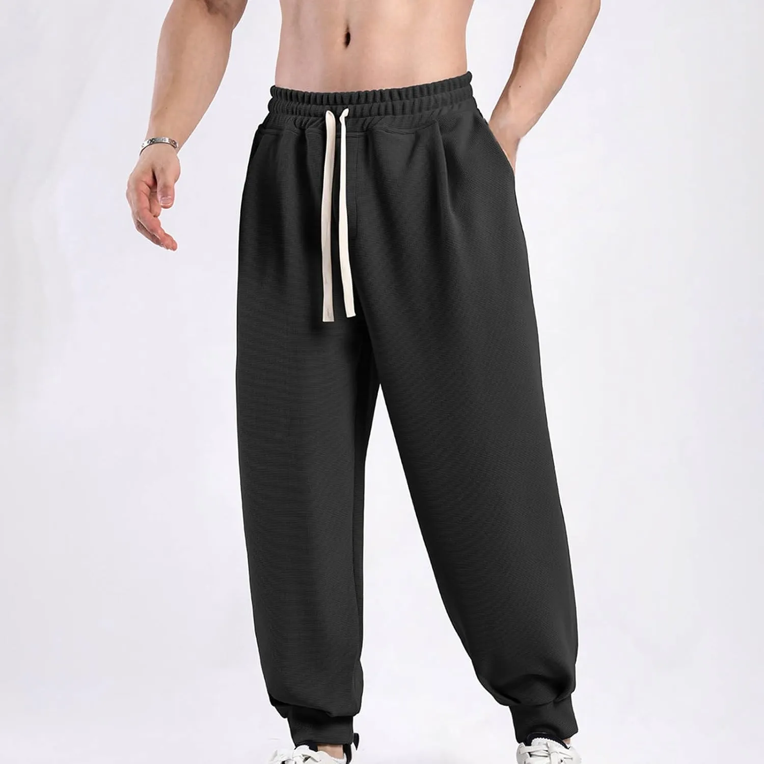 Mens Joggers Casual Loose Fit Drawstring Elastic Waist Sports Pants Athletic Gym Running Pants with Pocket Trendy