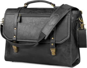 Mens messenger bag 17 inch, Waterproof Faux Leather Laptop Briefcase Large Computer Laptop Bag Leather Satchel Bag Retro Shoulder Bag for Office Business Travel College Black