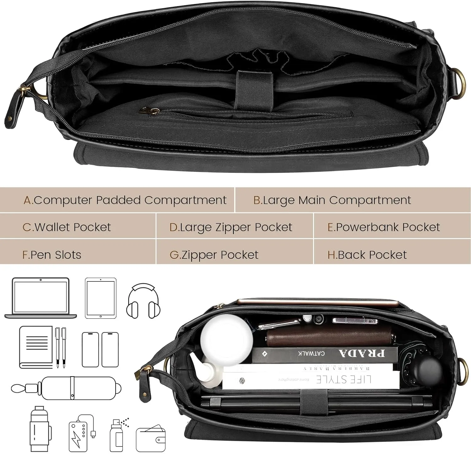 Mens messenger bag 17 inch, Waterproof Faux Leather Laptop Briefcase Large Computer Laptop Bag Leather Satchel Bag Retro Shoulder Bag for Office Business Travel College Black