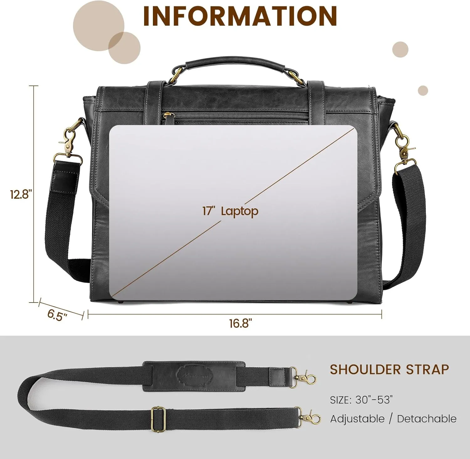 Mens messenger bag 17 inch, Waterproof Faux Leather Laptop Briefcase Large Computer Laptop Bag Leather Satchel Bag Retro Shoulder Bag for Office Business Travel College Black