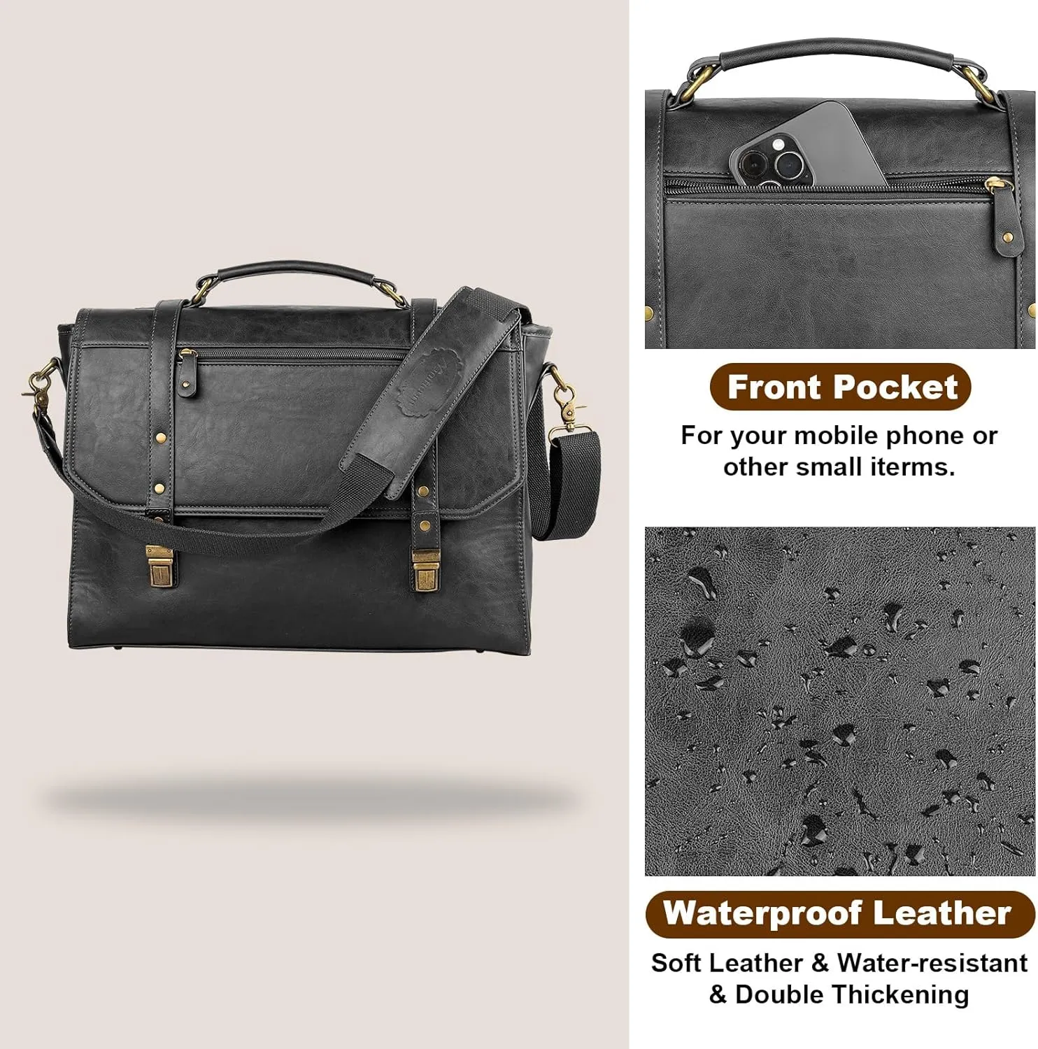 Mens messenger bag 17 inch, Waterproof Faux Leather Laptop Briefcase Large Computer Laptop Bag Leather Satchel Bag Retro Shoulder Bag for Office Business Travel College Black