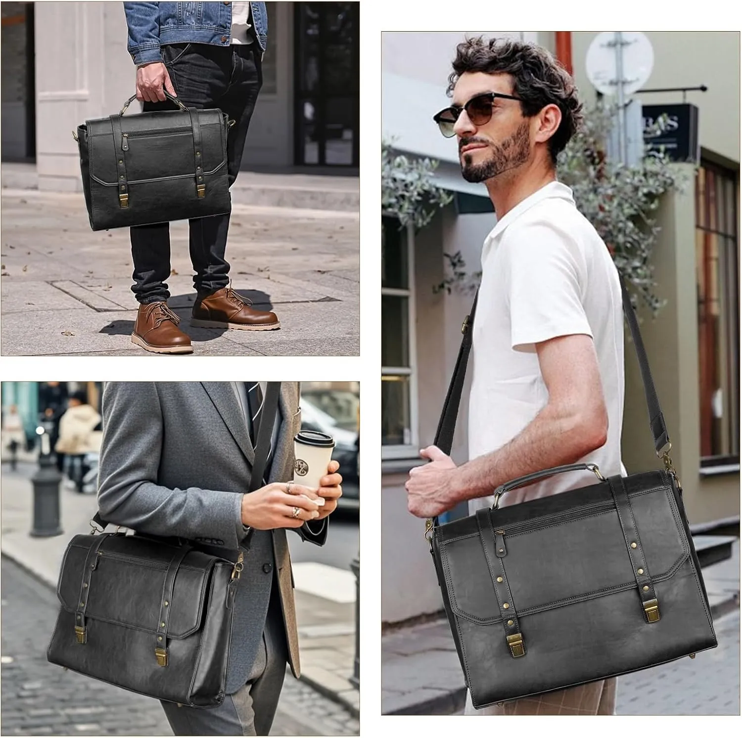 Mens messenger bag 17 inch, Waterproof Faux Leather Laptop Briefcase Large Computer Laptop Bag Leather Satchel Bag Retro Shoulder Bag for Office Business Travel College Black