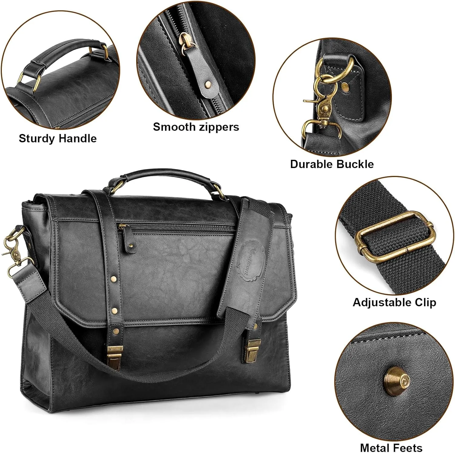 Mens messenger bag 17 inch, Waterproof Faux Leather Laptop Briefcase Large Computer Laptop Bag Leather Satchel Bag Retro Shoulder Bag for Office Business Travel College Black