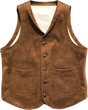 Men's Suede Leather Vest Cowhide Waistcoat Man Western Cowboy Vests with Pockets