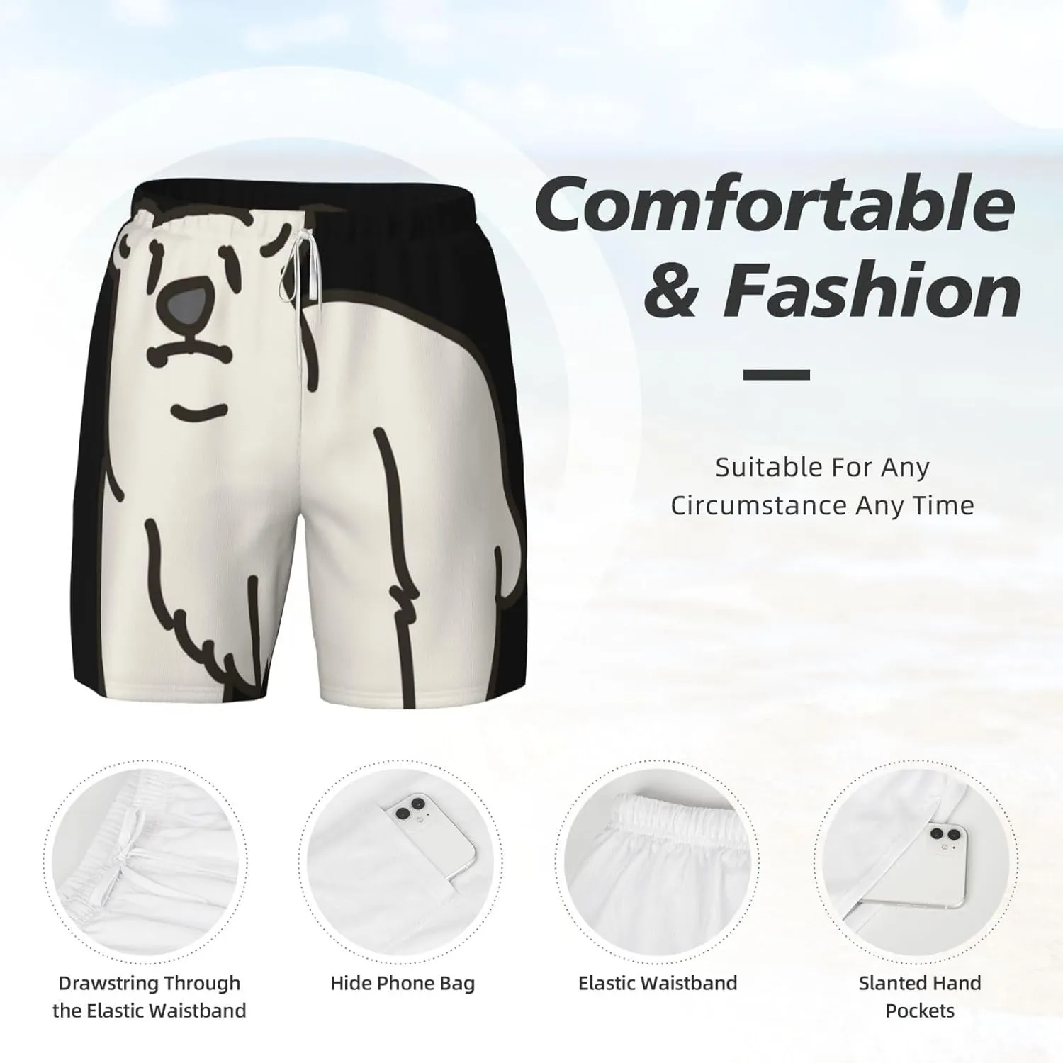 Men's Swim Trunk Quick Dry Swim Shorts with Liner Beach Short Polar Bear Bathing Suit with Pocket