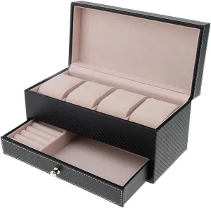Men's Watch Box, 4 Slots PU Leather Case Organizer with Jewelry Drawer for Storage and Nice Watch Display (Color : Black, Size : One Size) (Black One Size)