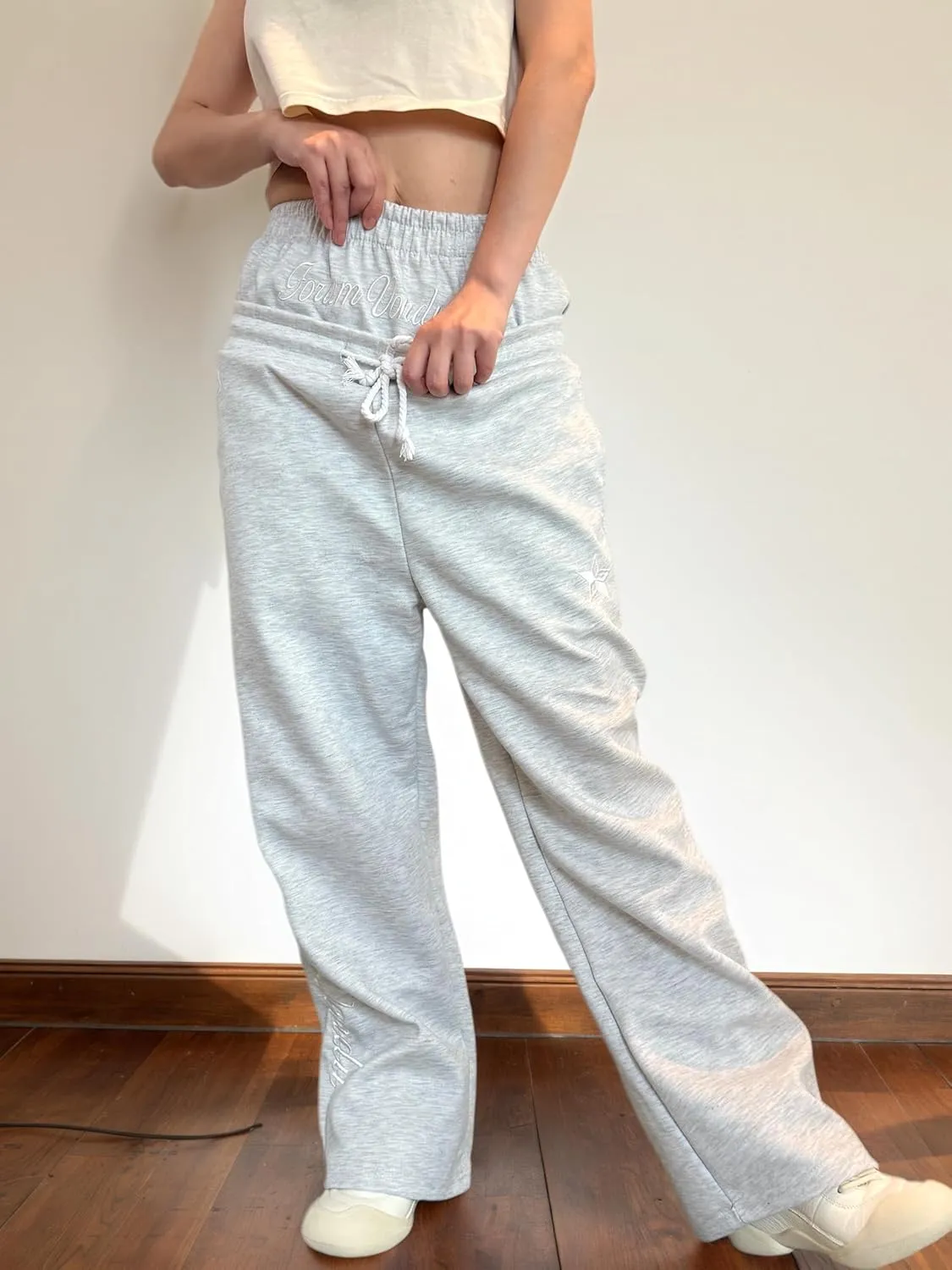 Mens Y2K Hip-Hop Sweatpants Drawstring Embroidery Double Waisted Baggy Wide Leg Vintage Workout Pants