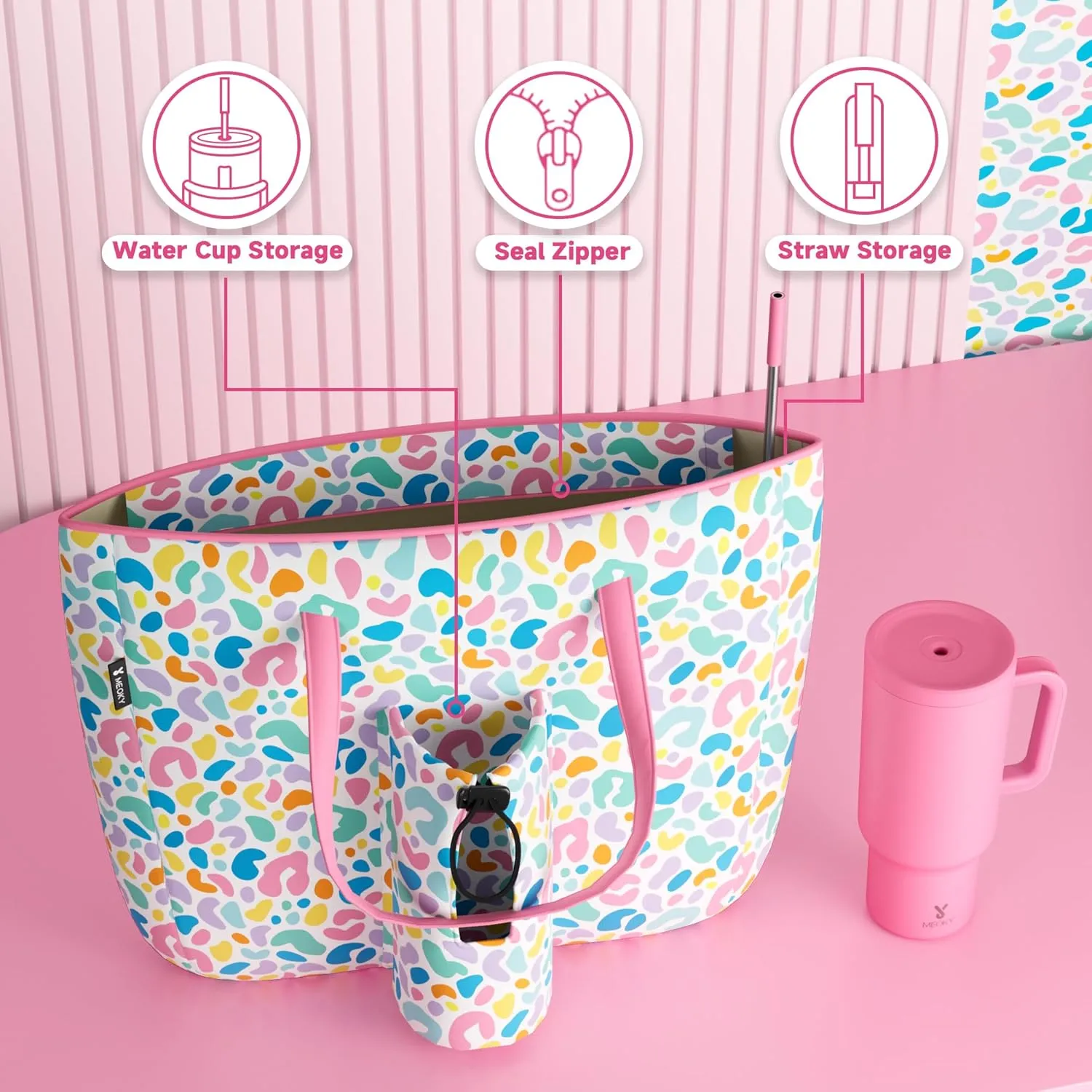 Meoky 15 L Womens Tote Bag: Utility Tote Bag with Zipper for 40 oz Tumbler with Handle