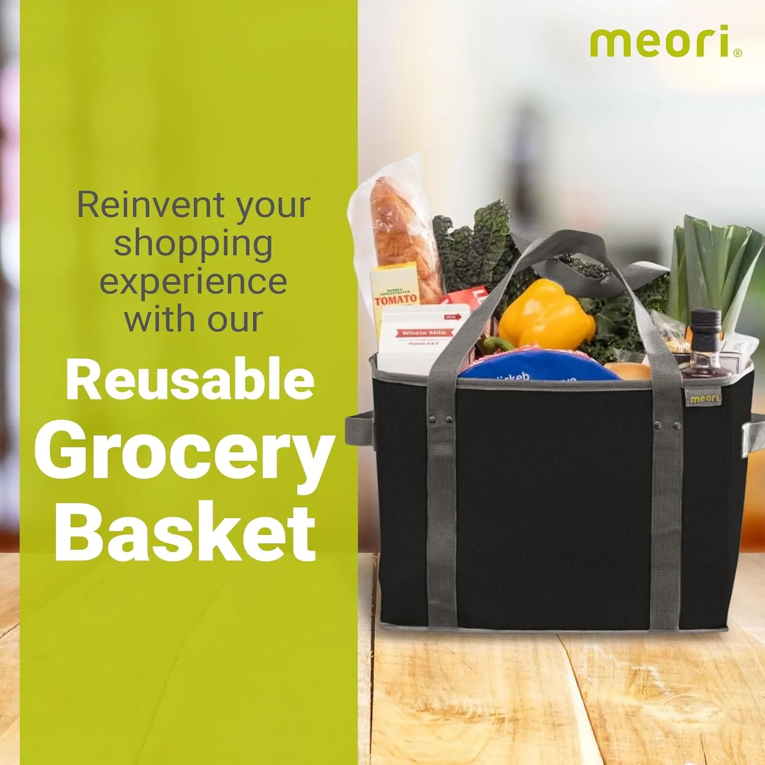meori Foldable Grocery Basket Collapsible Reusable Market Tote Bag Picnic Errands Shopping Lava Black