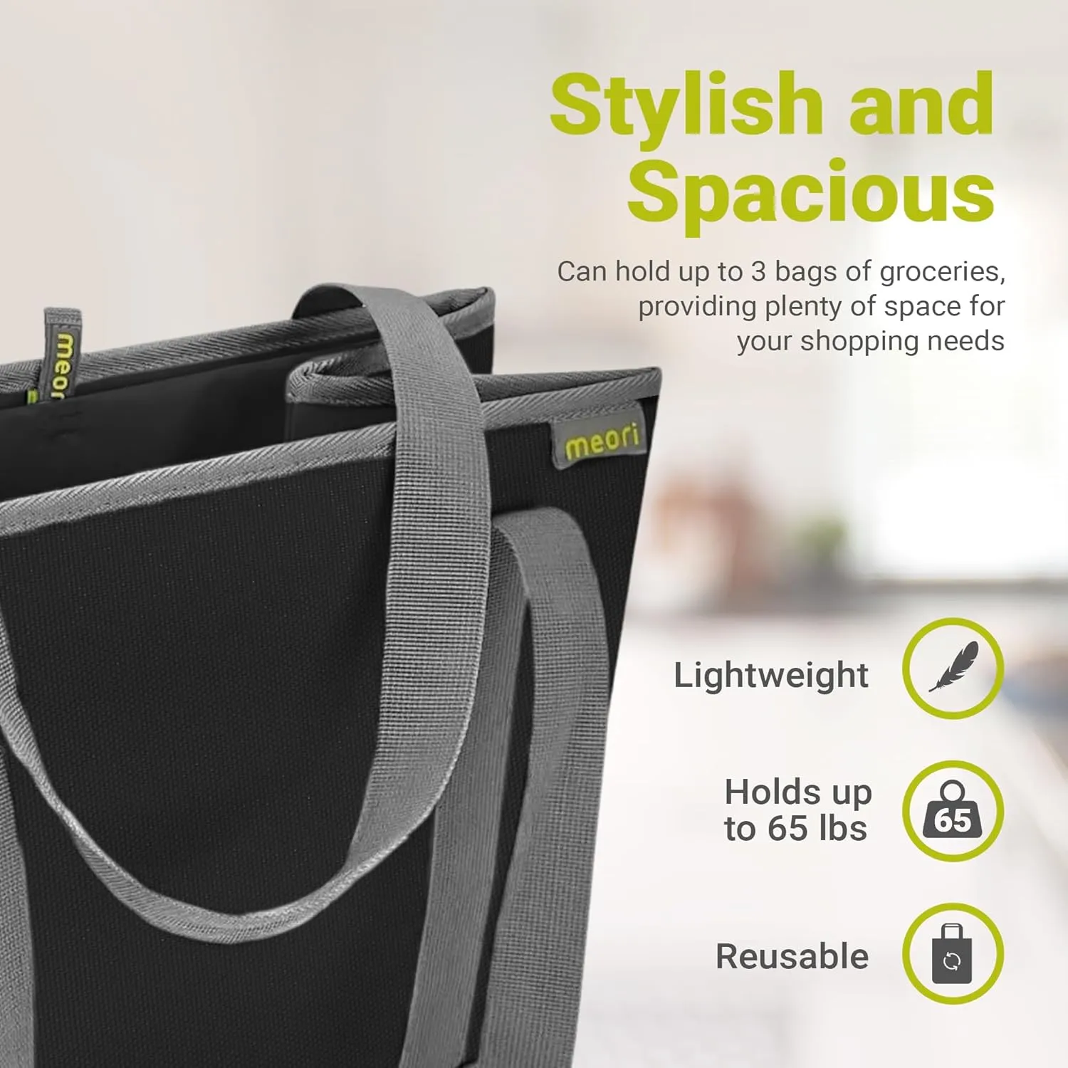 meori Foldable Grocery Basket Collapsible Reusable Market Tote Bag Picnic Errands Shopping Lava Black