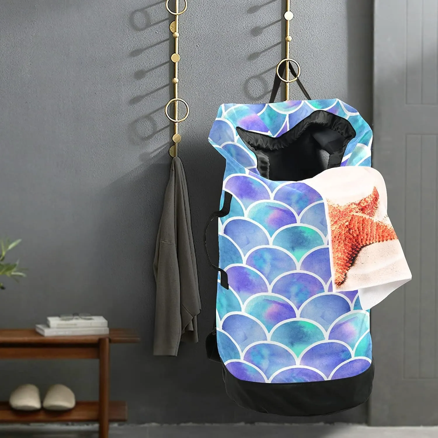 Mermaid Laundry Bag Large Heavy Duty Laundry Backpack for College Students with Shoulder Straps Dirty Clothes Organizer for Traveling Waterproof Blue