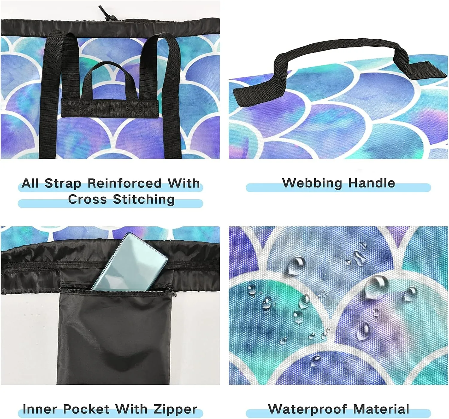 Mermaid Laundry Bag Large Heavy Duty Laundry Backpack for College Students with Shoulder Straps Dirty Clothes Organizer for Traveling Waterproof Blue