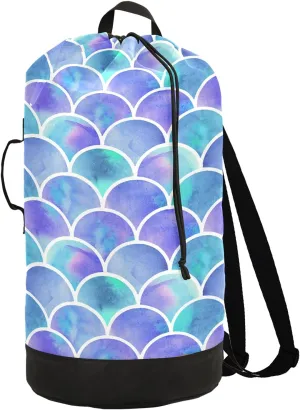 Mermaid Laundry Bag Large Heavy Duty Laundry Backpack for College Students with Shoulder Straps Dirty Clothes Organizer for Traveling Waterproof Blue