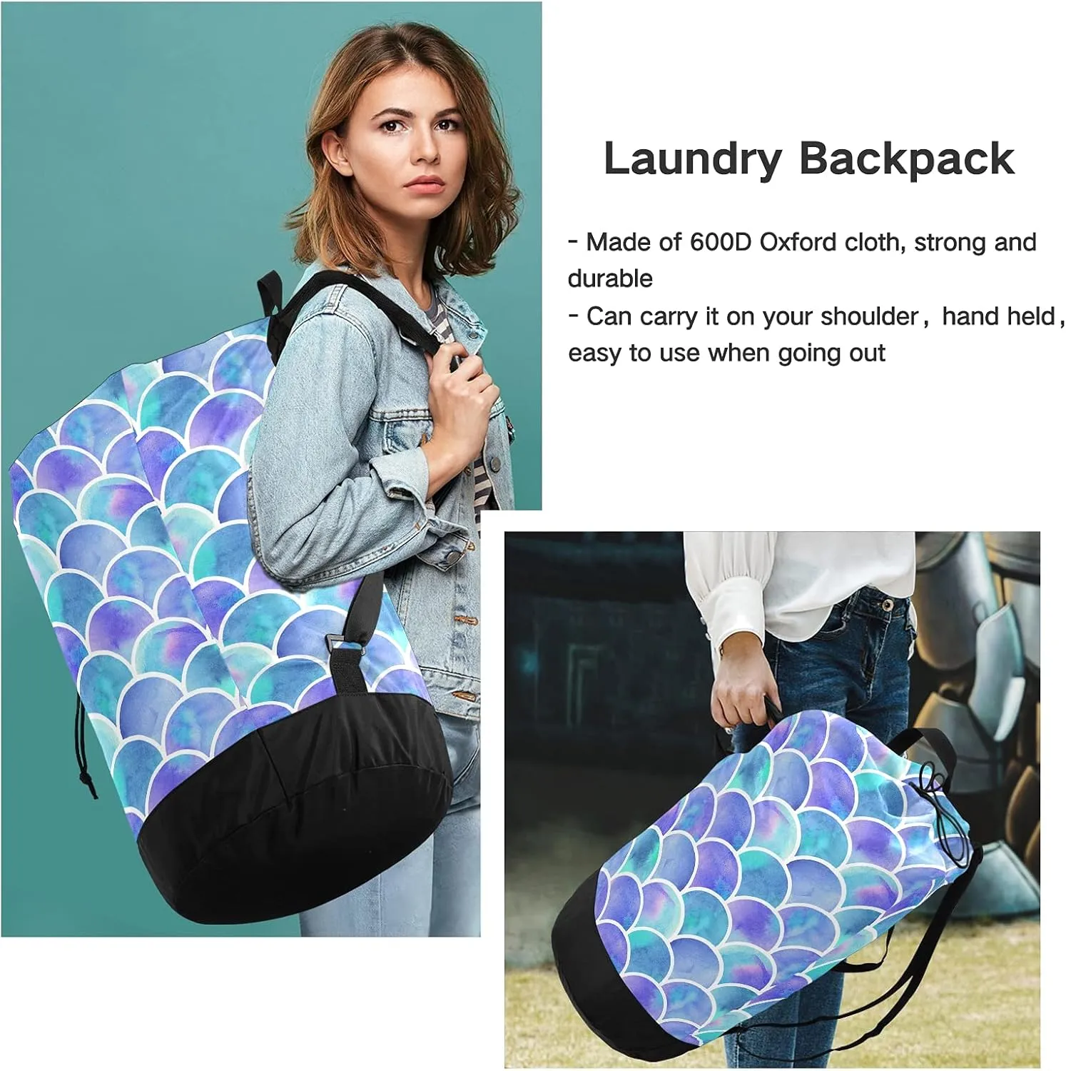 Mermaid Laundry Bag Large Heavy Duty Laundry Backpack for College Students with Shoulder Straps Dirty Clothes Organizer for Traveling Waterproof Blue