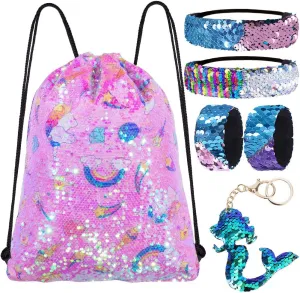 Mermaid Reversible Sequin Drawstring Backpack, Dance Bag for Girls Kids Party Birthday Christmas Gift with Headband Keychain