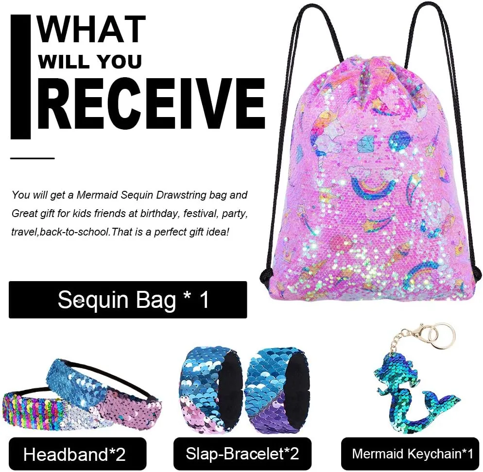 Mermaid Reversible Sequin Drawstring Backpack, Dance Bag for Girls Kids Party Birthday Christmas Gift with Headband Keychain