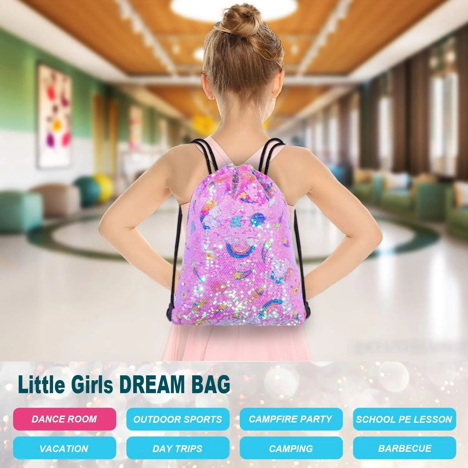 Mermaid Reversible Sequin Drawstring Backpack, Dance Bag for Girls Kids Party Birthday Christmas Gift with Headband Keychain