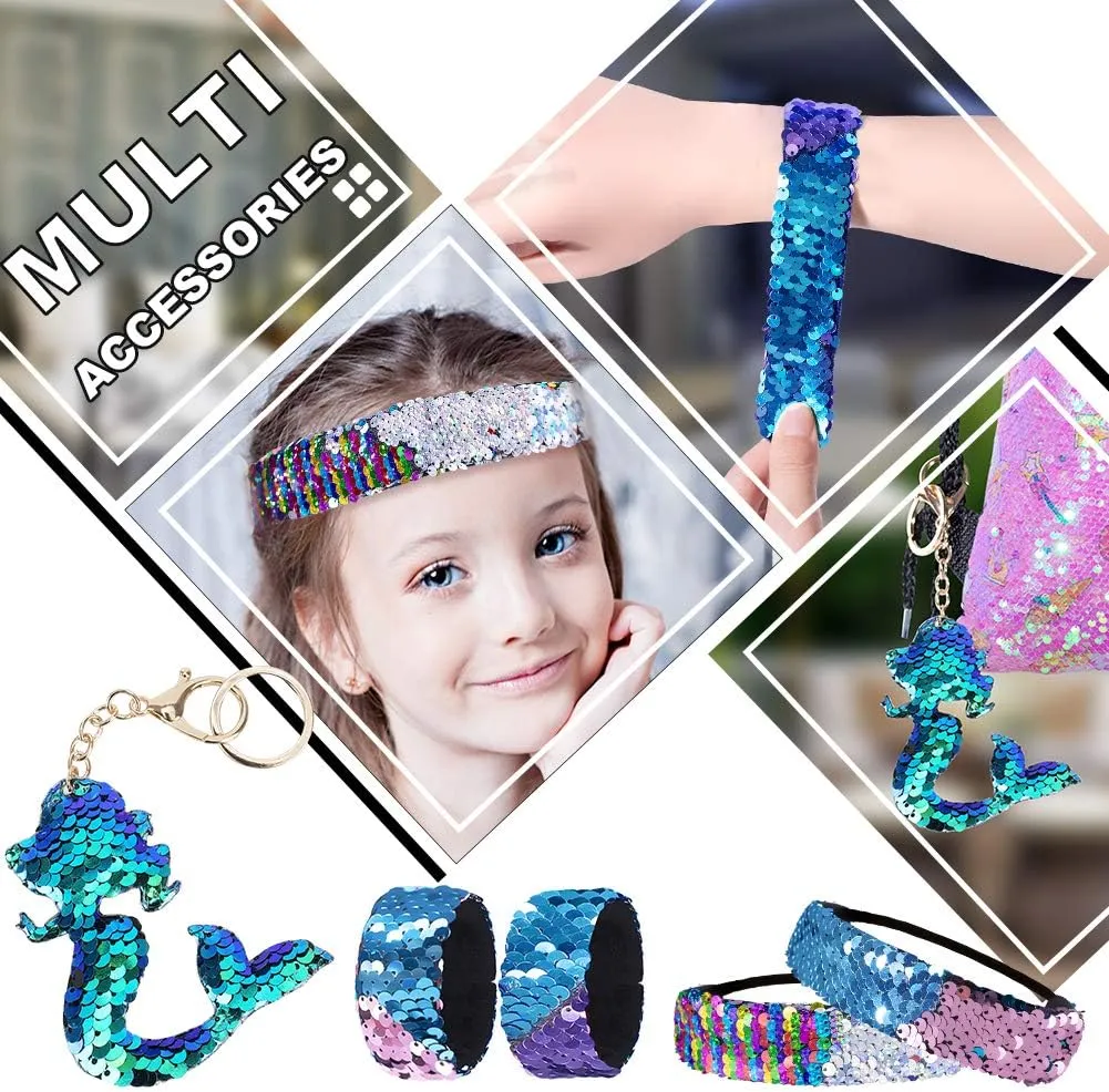 Mermaid Reversible Sequin Drawstring Backpack, Dance Bag for Girls Kids Party Birthday Christmas Gift with Headband Keychain