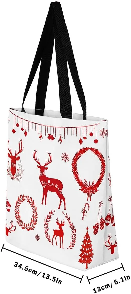 Merry Christmas Canvas Tote Bag for Women,Elk Deer Hunting Lemon Fruit Duffle Bag,Cute Xmas Snowflake Handbag