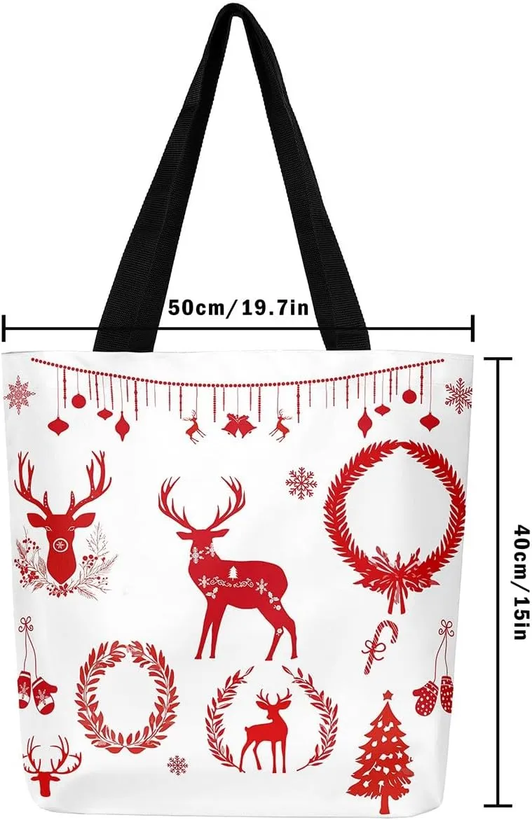 Merry Christmas Canvas Tote Bag for Women,Elk Deer Hunting Lemon Fruit Duffle Bag,Cute Xmas Snowflake Handbag