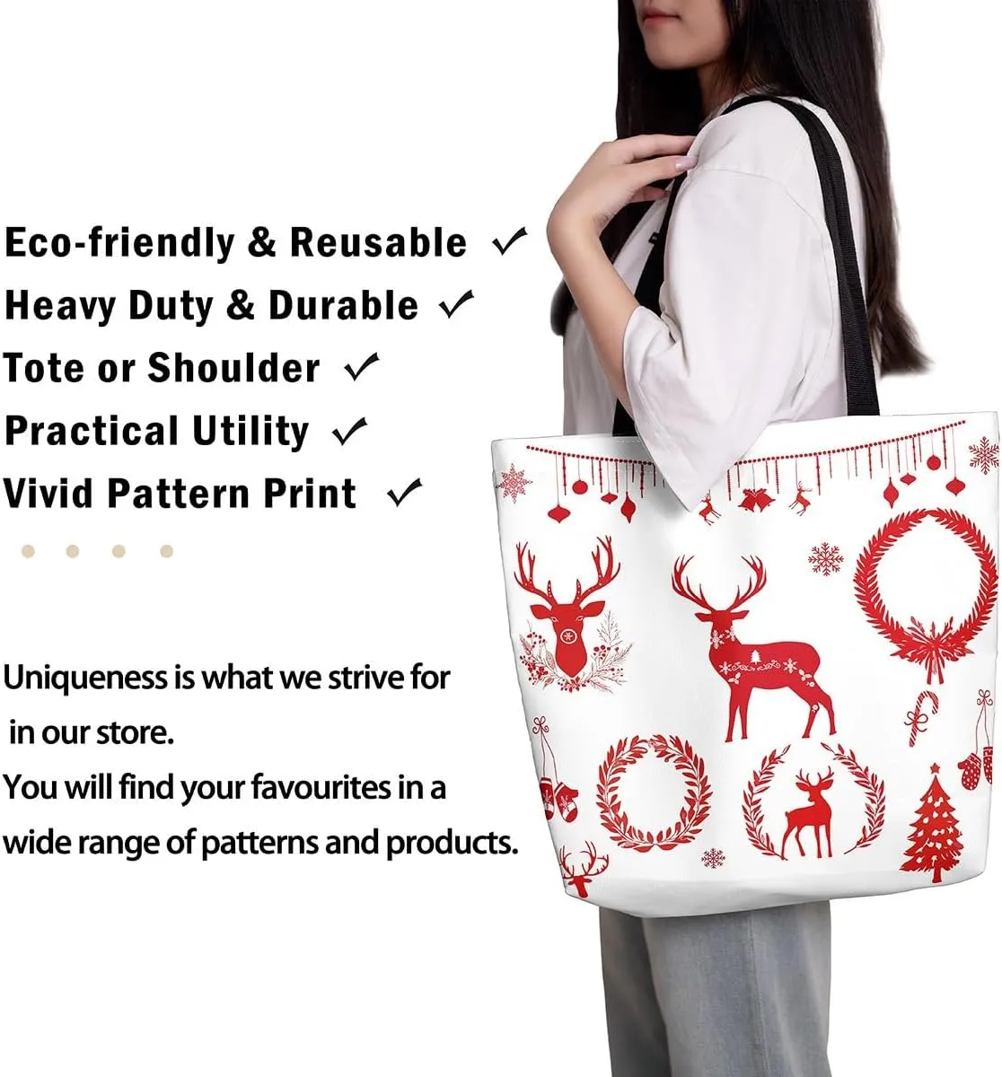 Merry Christmas Canvas Tote Bag for Women,Elk Deer Hunting Lemon Fruit Duffle Bag,Cute Xmas Snowflake Handbag