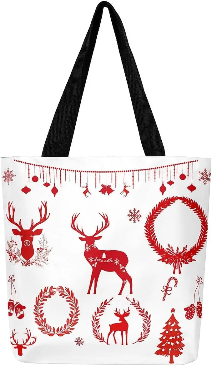 Merry Christmas Canvas Tote Bag for Women,Elk Deer Hunting Lemon Fruit Duffle Bag,Cute Xmas Snowflake Handbag