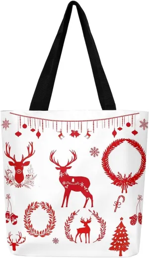 Merry Christmas Canvas Tote Bag for Women,Elk Deer Hunting Lemon Fruit Duffle Bag,Cute Xmas Snowflake Handbag