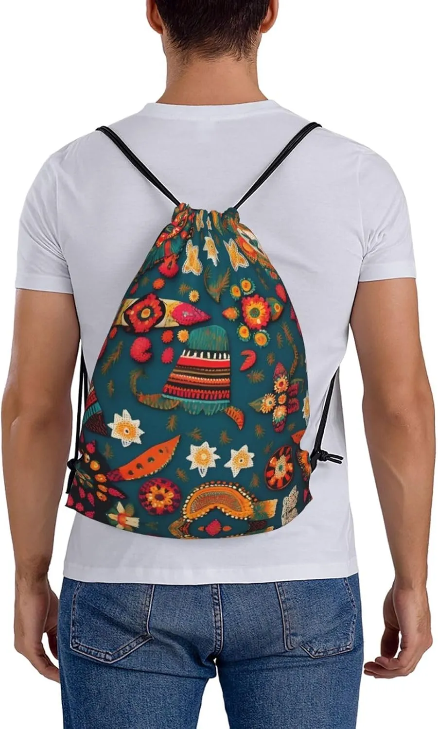 Mexican Folk Boho Print Sports Drawstring Backpack,Water Resistant Bag, Gym Backpack for Women Men