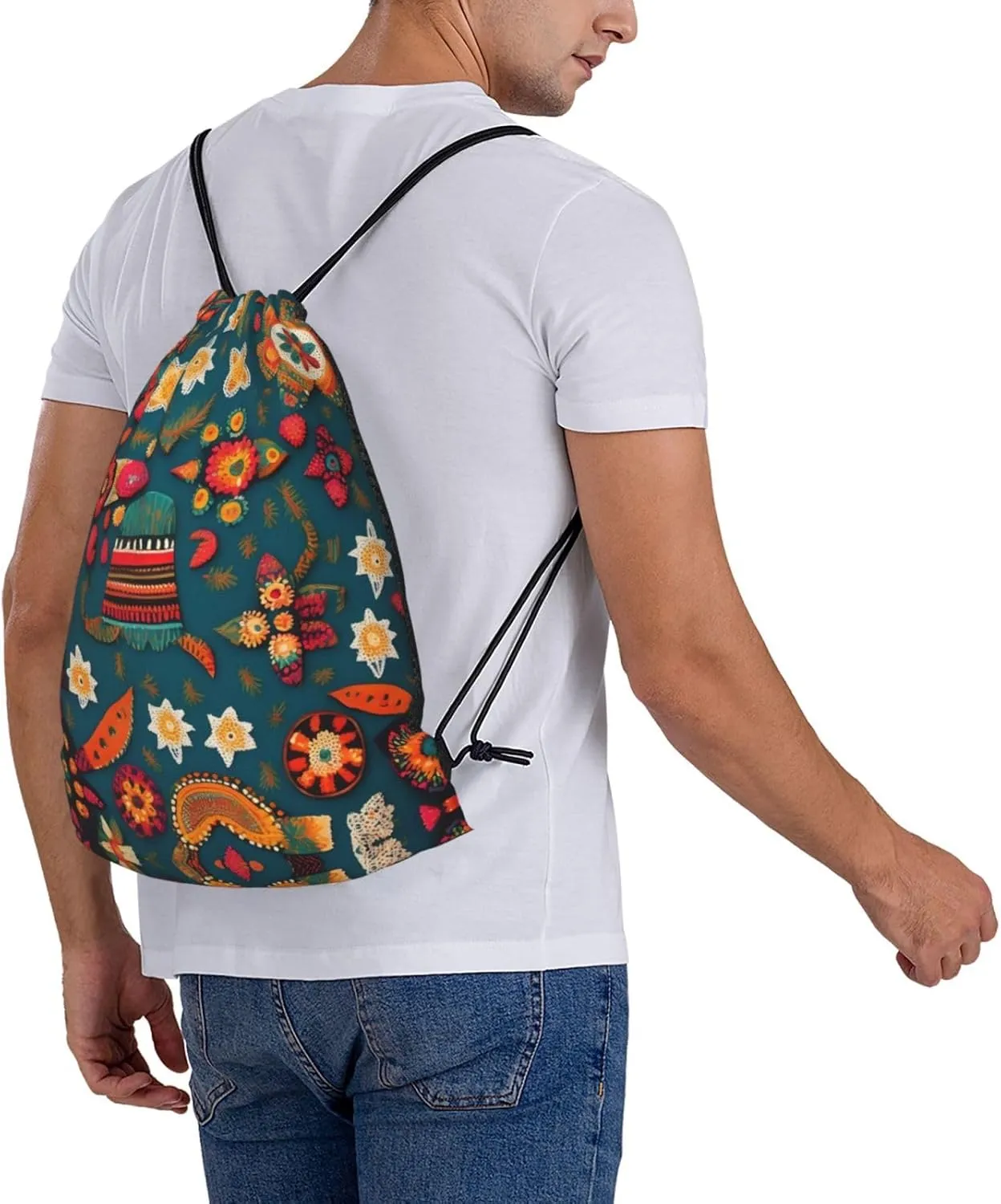 Mexican Folk Boho Print Sports Drawstring Backpack,Water Resistant Bag, Gym Backpack for Women Men