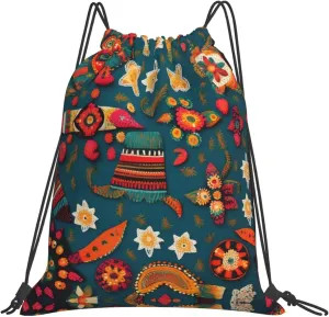 Mexican Folk Boho Print Sports Drawstring Backpack,Water Resistant Bag, Gym Backpack for Women Men