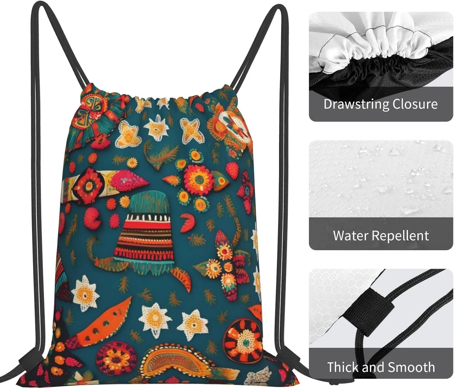 Mexican Folk Boho Print Sports Drawstring Backpack,Water Resistant Bag, Gym Backpack for Women Men